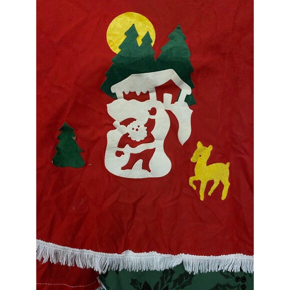 Vtg Tree Skirt Red with White Fringe Santa Snow House Trees Moon Deer Appliqué - Picture 2 of 8